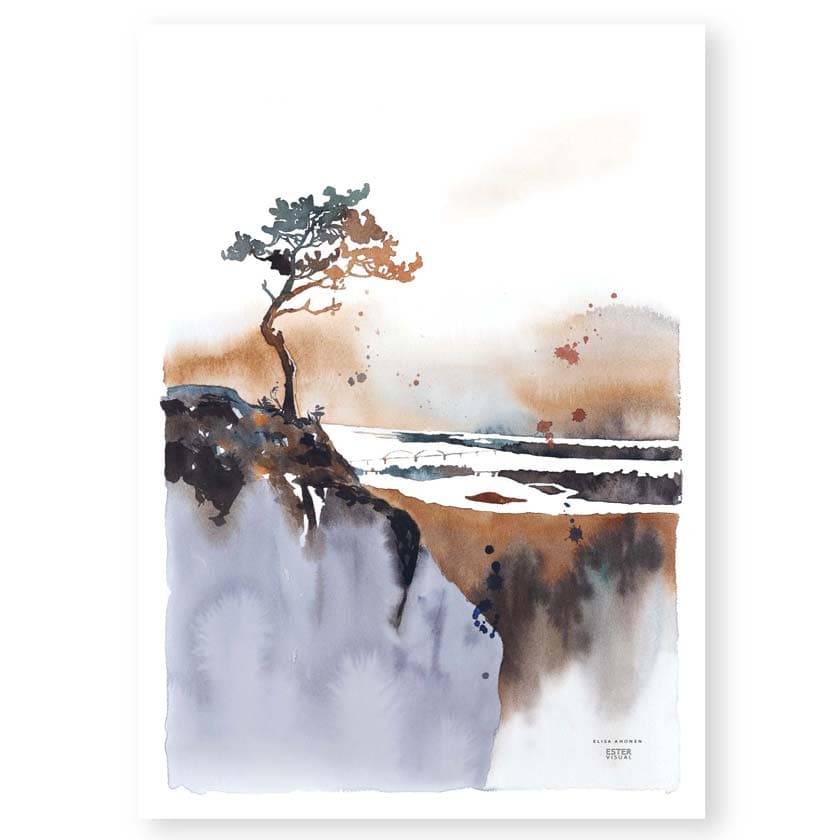 Jyrkänteellä juliste Pohjois-Suomen Väylä rajajoen varrelta maisema Ester Visual Suomen luonto