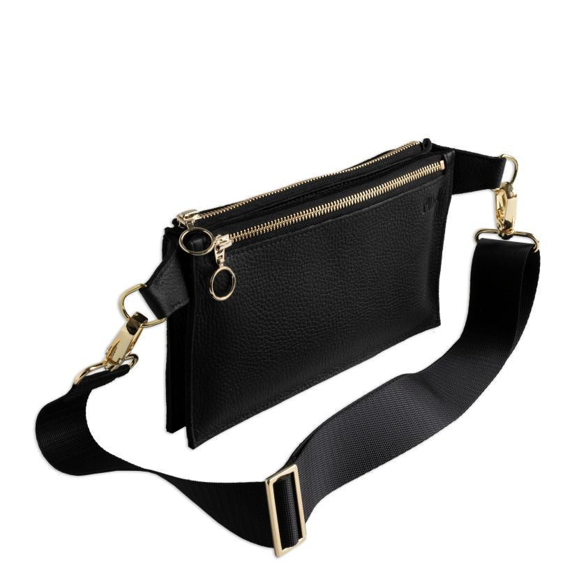 Schwarze Hippa Gürteltasche mit gold Details aus Elchleder, Miiko Design Finnland