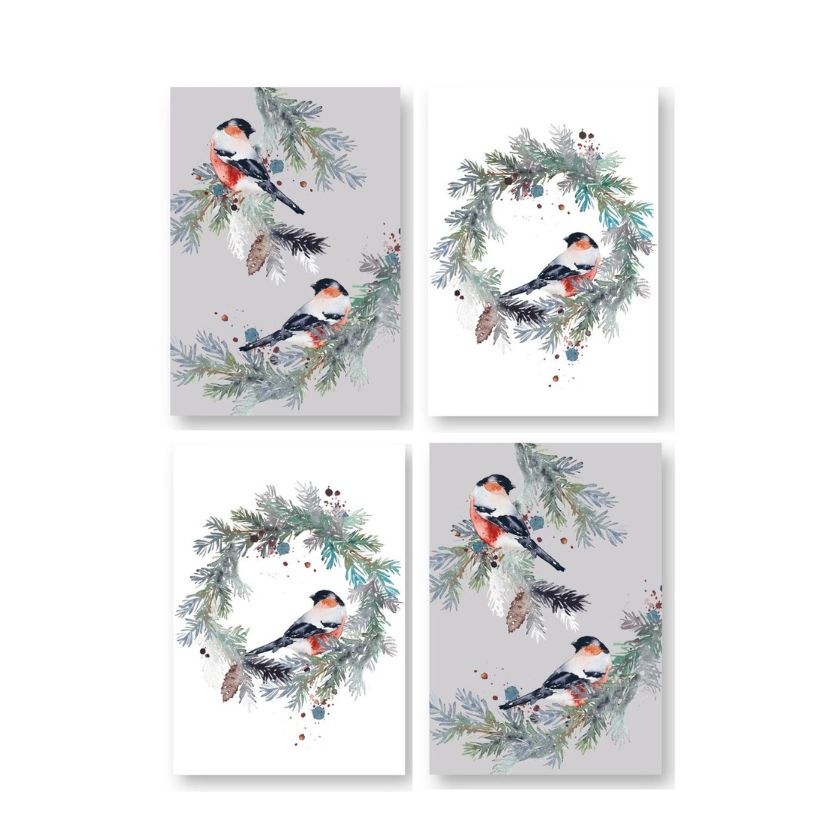 Weihnachtskarten 4 Stück, Gimpel und Nadelkranz Postkarten, Grußkarten aus Finnland, The Finland Shop