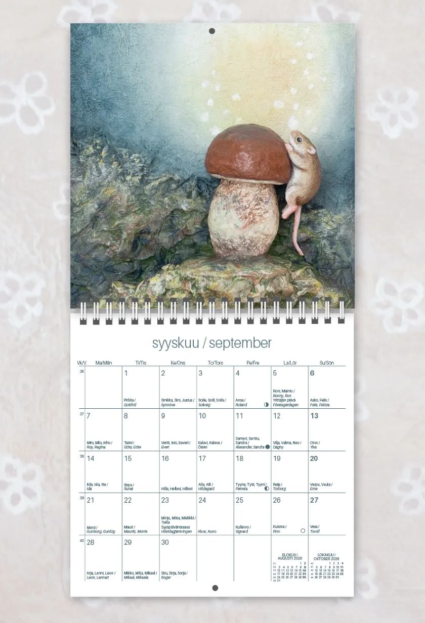 Wandkalender 2026 mit süßen Tierfiguren, 12 Bilder, hergestellt in Finnland, The Finland Shop