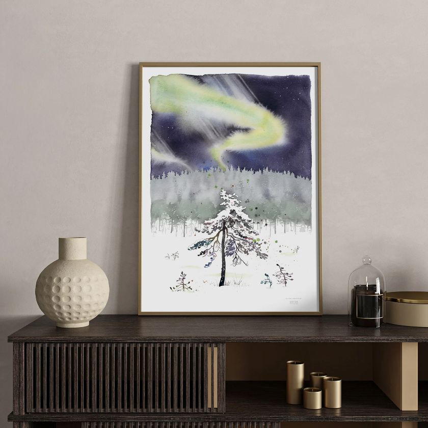 Polarlichter, Nordlichter, Aurora Borealis Poster 50x70 cm, Aquarelle aus Finnland, Ester Visual, The Finland Shop
