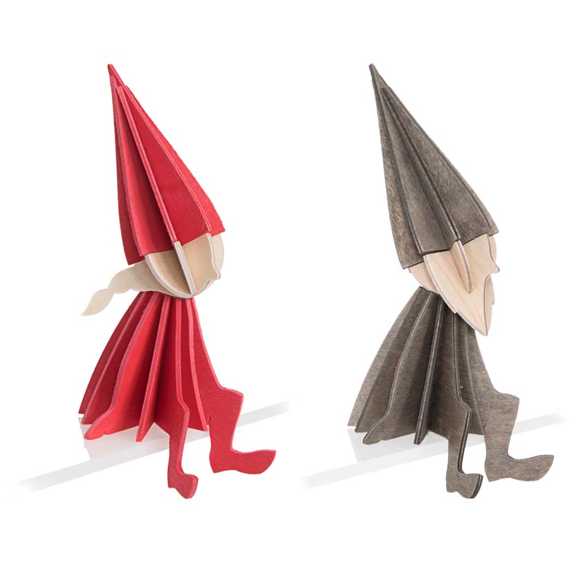 Lovi tontut puinen harmaa tonttu ja punainen tyttö tonttu. Suomessa tehty joulukoriste