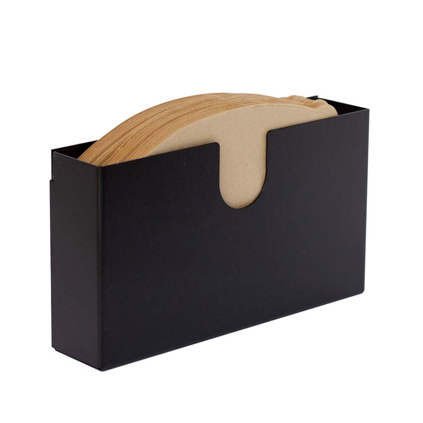 suodatinpussiteline miiko design suomalainen musta teräs keittiö kahvi suodatinpaperiteline